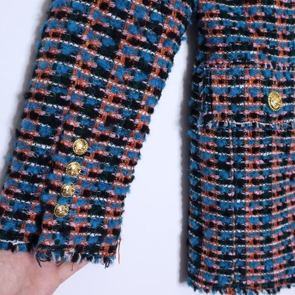 ZARA Tweed Textured Fitted Blazer Multicolor Frayed Trim Gold Button Women's XS - Picture 9 of 14